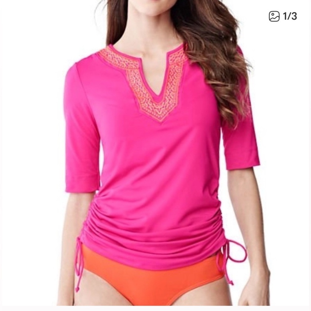 Lands' End women's XS 2-4 pink short sleeve v-neck rash guard swim shirt top